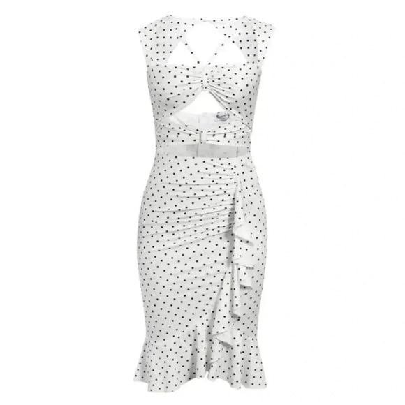 NEW! Black & White Polka Dots Cut Out Ruffle Midi Dress - Picture 6 of 11